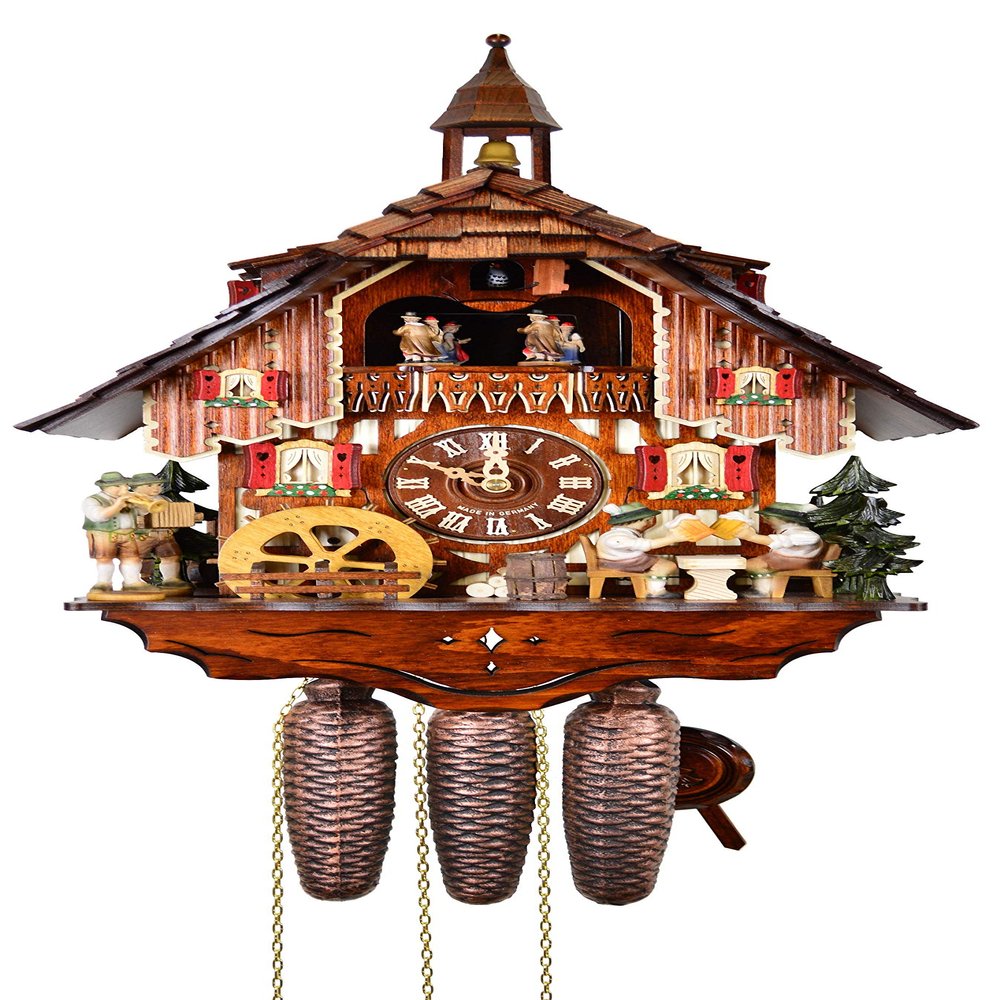 August Schwer Cuckoo Clock Black Forest House with Moving Beer Drinkers and Mill Wheel