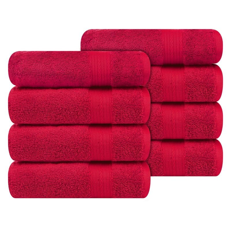 Ample Decor Hand Towel 18 X 28 Inch Pack of 8 600 GSM 100% Cotton, Soft Absorbent Premium Quality, for Hotel, Bathroom, Spa, Gym - Red