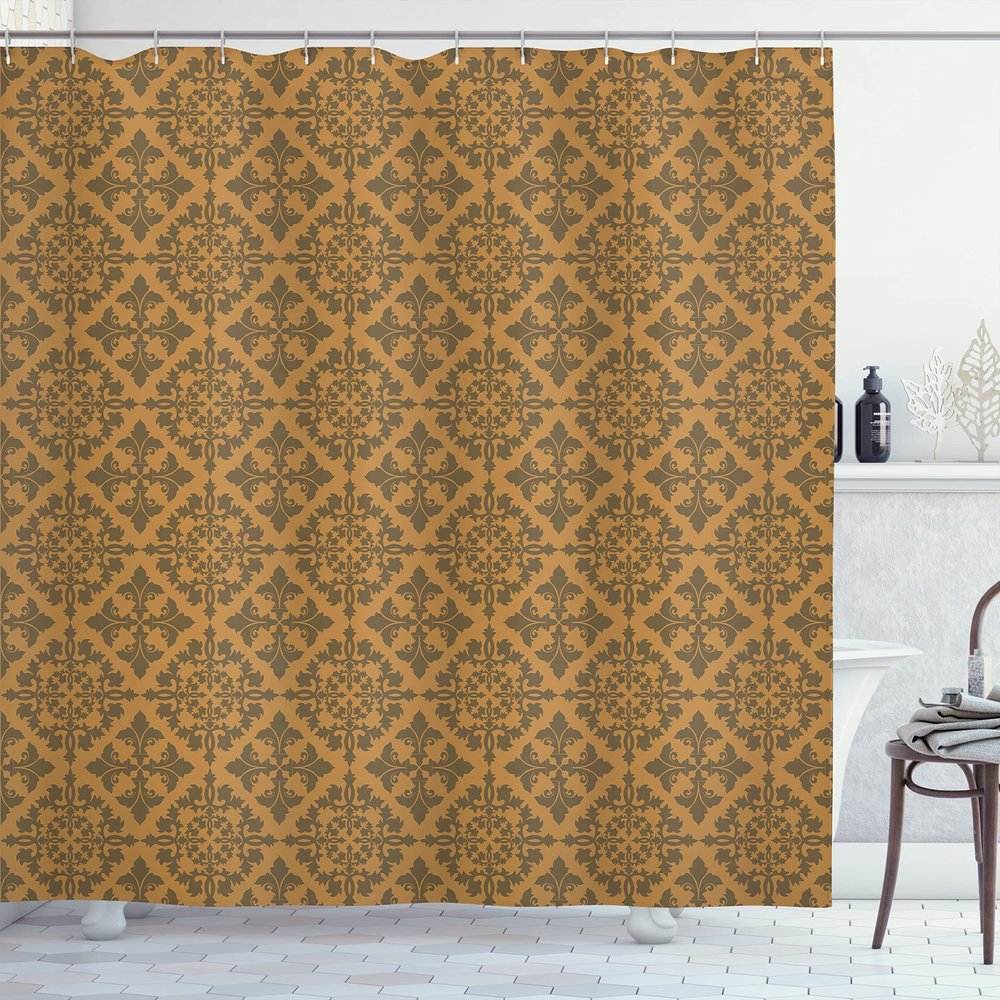 Ambesonne Retro Shower Curtain, Antique Victorian Floral Patterns in Modern Graphic Print Old Fashioned Art, Cloth Fabric Bathroom Decor Set with Hooks, 69" W x 75" L, Taupe and Caramel