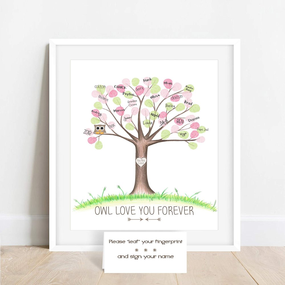 Owl Love You Forever Fingerprint Tree, Owl Themed Baby Shower Ideas, Personalized