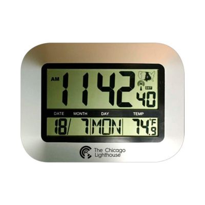 Chicago Lighthouse 9.75" Digital Atomic Clock with Calendar and Indoor Temperature Display - Silver