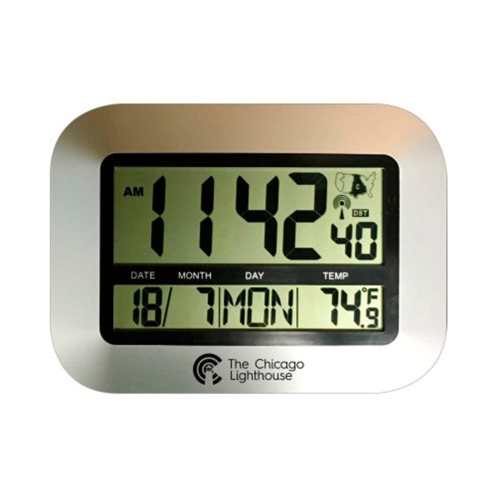 Chicago Lighthouse 9.75" Digital Atomic Clock with Calendar and Indoor Temperature Display - Silver