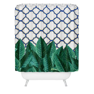 Society6 Shower Curtain - Bathroom Decor by 83 Oranges - Extra Long Fabric Shower Curtains for Bathroom, 71" x 74", Leaves and Tiles