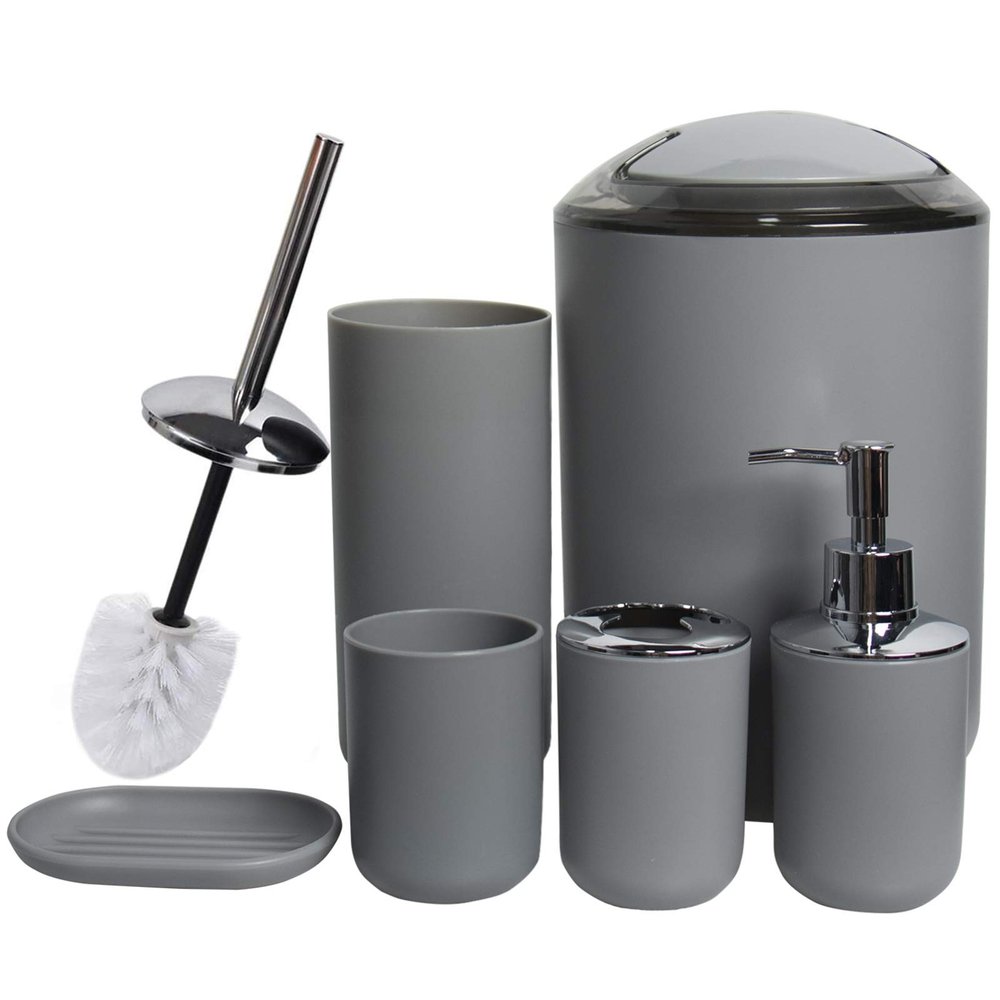 CERBIOR Bathroom Accessories Set 6 Piece Bath Ensemble Includes Soap Dispenser, Toothbrush Holder, Toothbrush Cup, Soap Dish for Decorative Countertop and Housewarming Gift (Light grey-6pcs)