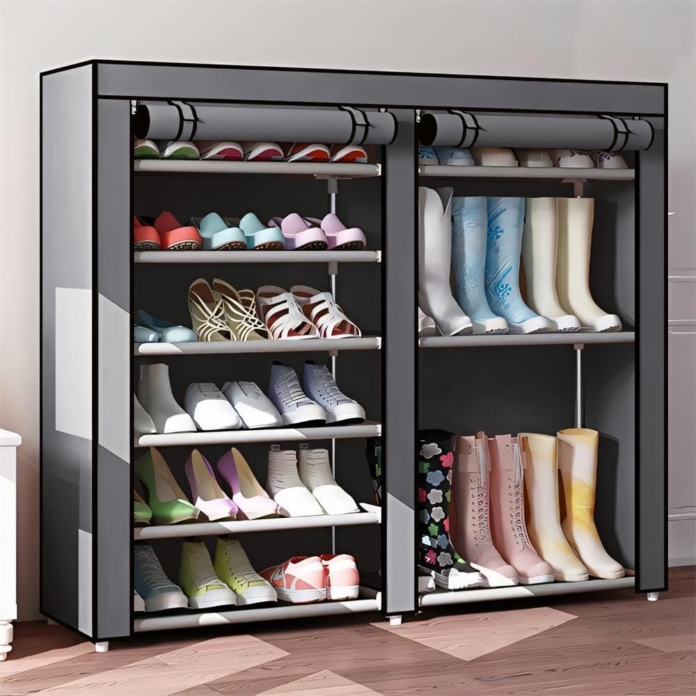 9 Tier Shoe Rack,Double Rows 9 Lattices Large Free Standing Shoe Racks,Shoe Storage Organizer Cabinet with Nonwoven Fabric Dustproof Cover,Space Saving Portable Closet Shoe Cabinet Tower (Gray)