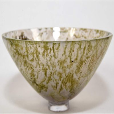 3.1" Translucnet Moss Agate Carved Bowl Polished Natural Green Yellow Dendrites in Chaceldony Gemstone Crystal Mineral Specimen - India + One Polished Clear Quartz Cabochon