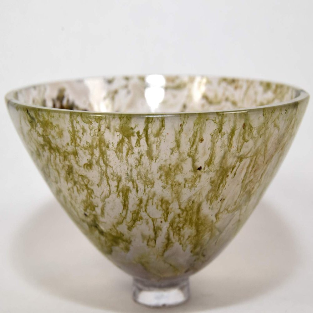3.1" Translucnet Moss Agate Carved Bowl Polished Natural Green Yellow Dendrites in Chaceldony Gemstone Crystal Mineral Specimen - India + One Polished Clear Quartz Cabochon