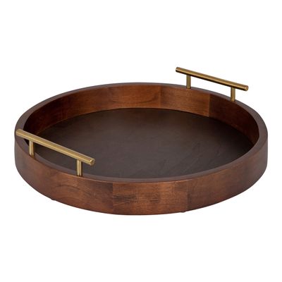 Kate and Laurel Lipton Mid-Century Modern Round Wooden Tray, 15.5" Diameter, Dark Walnut Brown with Gold Handles, Decorative Accent Tray for Storage and Display