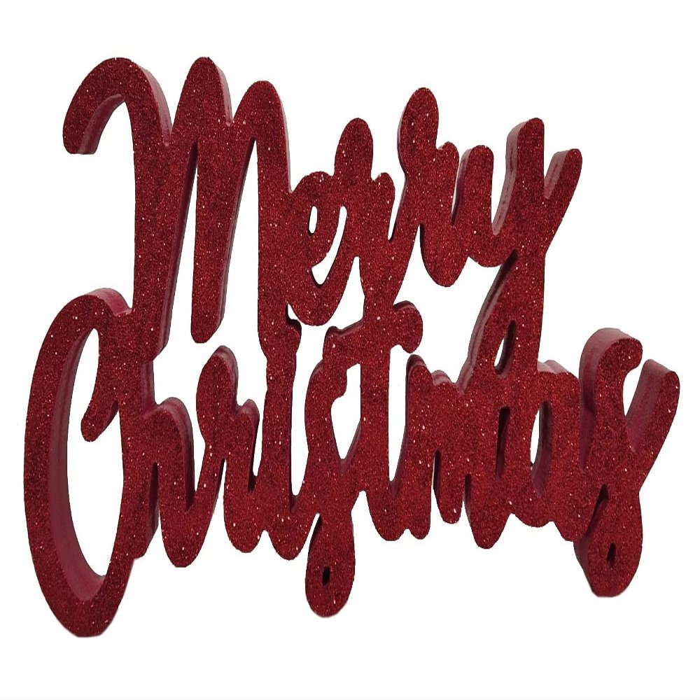 16" x 8" x 1" MERRY CHRISTMAS Glitter Wood Block Freestanding Tabletop Holiday Home Dcor 850001 (Red)
