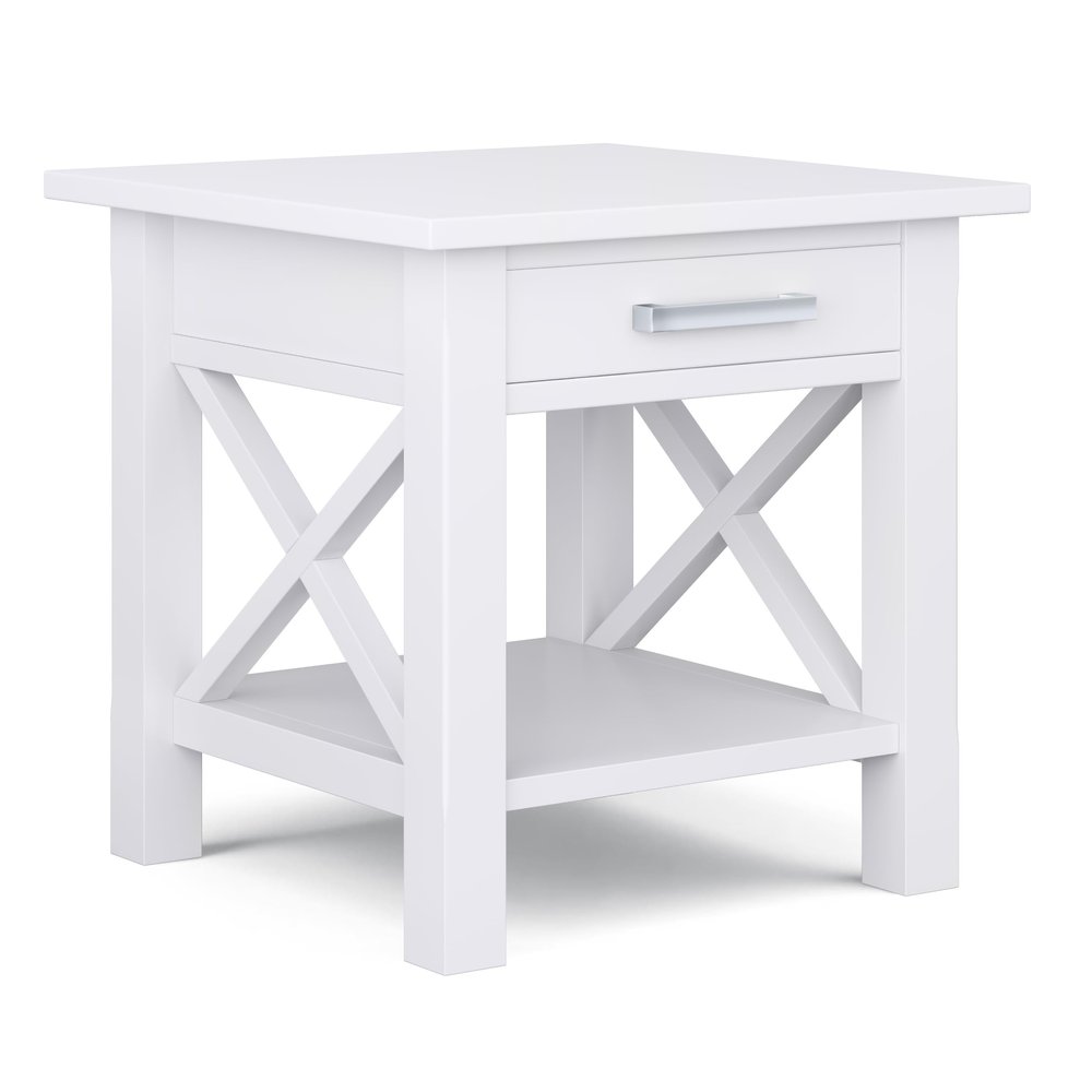 SIMPLIHOME Kitchener End Table - 21 inch Wide Solid Wood Square Accent Table with Drawer and Open Shelf in White, Contemporary Nightstand or Lamp Stand with X-Design for Living Room or Bedroom