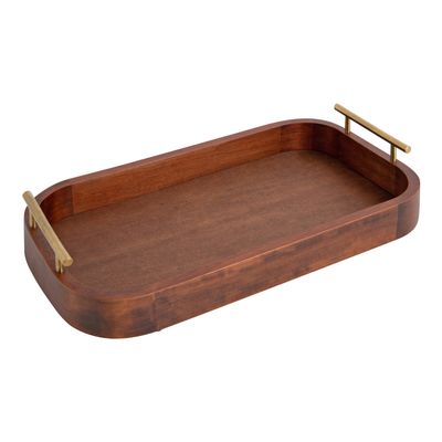 Kate and Laurel Lipton Mid-Century Rectangle Wood Tray, 10" x 18, Walnut Brown and Gold, Decorative Accent with Rounded Edges