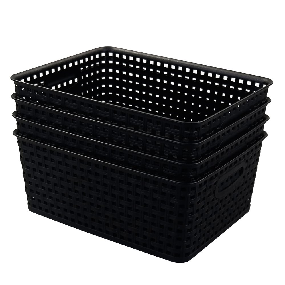 Asking 4-Pack Plastic Weave Storage Basket, Black Plastic Storage Baskets Organizing