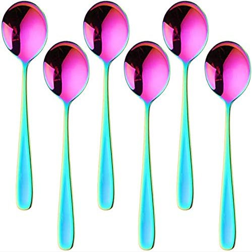 7-Inch Soup Spoons, Baikai 6 Pieces Bouillon Spoon,18/10 Stainless Steel Finished Table Dinner Spoons Set of 6 (Rainbow)