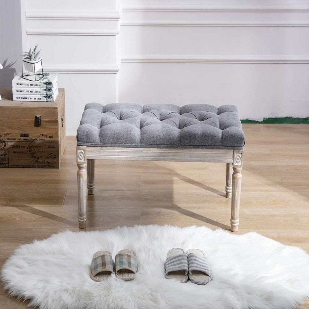 Kmax Tufted Entryway Bench, Upholstered Rustic Ottoman Bench, 31.5" x 15.75" x 15.7" Gray