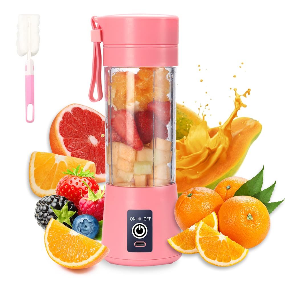 Portable Blender Cup,Electric USB Juicer,Mini Blender For Shakes and Smoothies, juice,380ml, Six Blades Great for Mixing,pink
