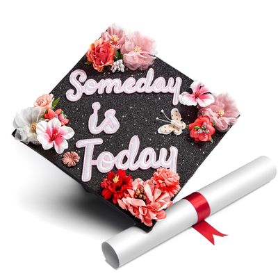 GRADWYSE Black Glitter Graduation Cap Topper with Flowers, Graduation Decorations, Class of 2025 Grad Cap Topper, Someday Is Today