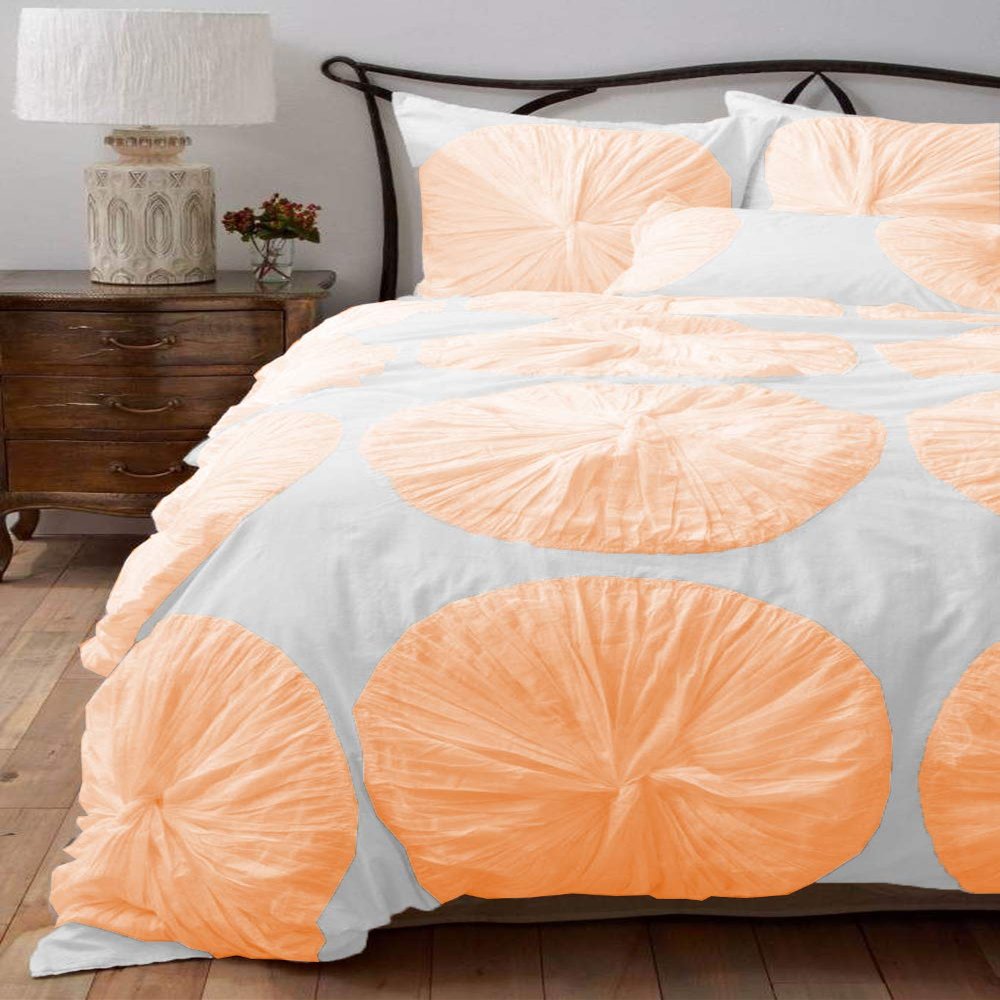 Bedding Empire Luxurious 5 Piece Color Flower Ruffle Duvet Cover Set 100% Egyptian Cotton 500 Thread Count Queen Size, Peach Color
