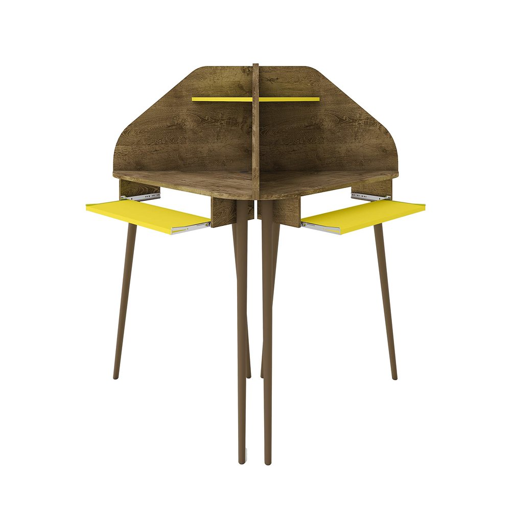 Manhattan Comfort Bradley Mid Century Modern Home Office Cubicle Section Study Desk, 2 Piece, Rustic Brown/Yellow