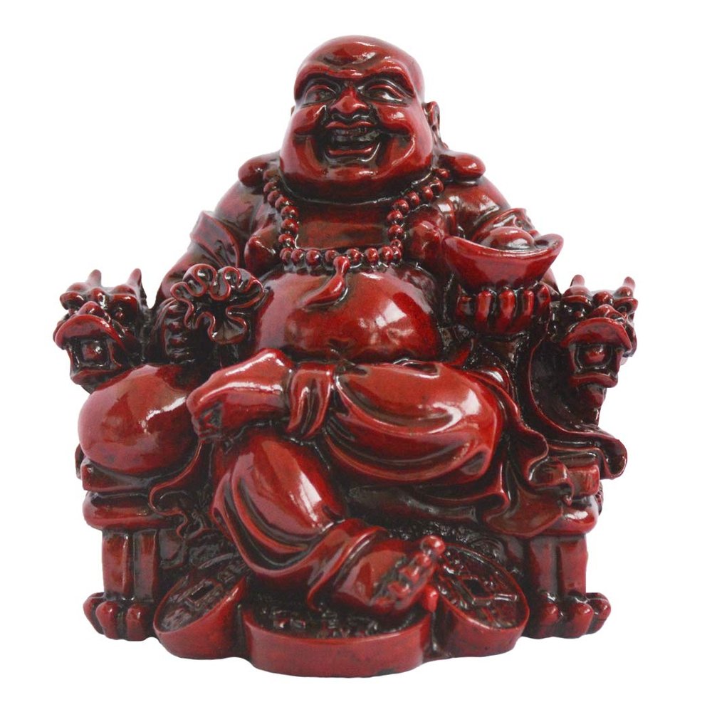 Addune Feng Shui Chinese Laughing Buddha Sitting on Dragon Chair Sculpture Handicrafts Resin Wealth Happy Lucky Statue for Home Decoration Gift (Dark Red, Polyresin)