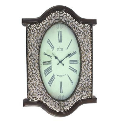 Benjara Wall Clock with Scalloped Wooden Top and Bottom, Brown