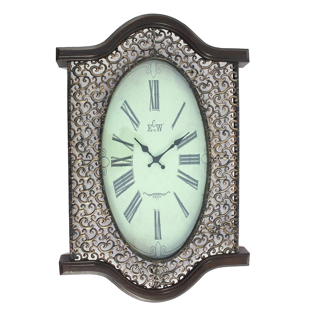 Benjara Wall Clock with Scalloped Wooden Top and Bottom, Brown