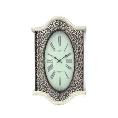 Benjara Wall Clock with Scalloped Wooden Top and Bottom, White