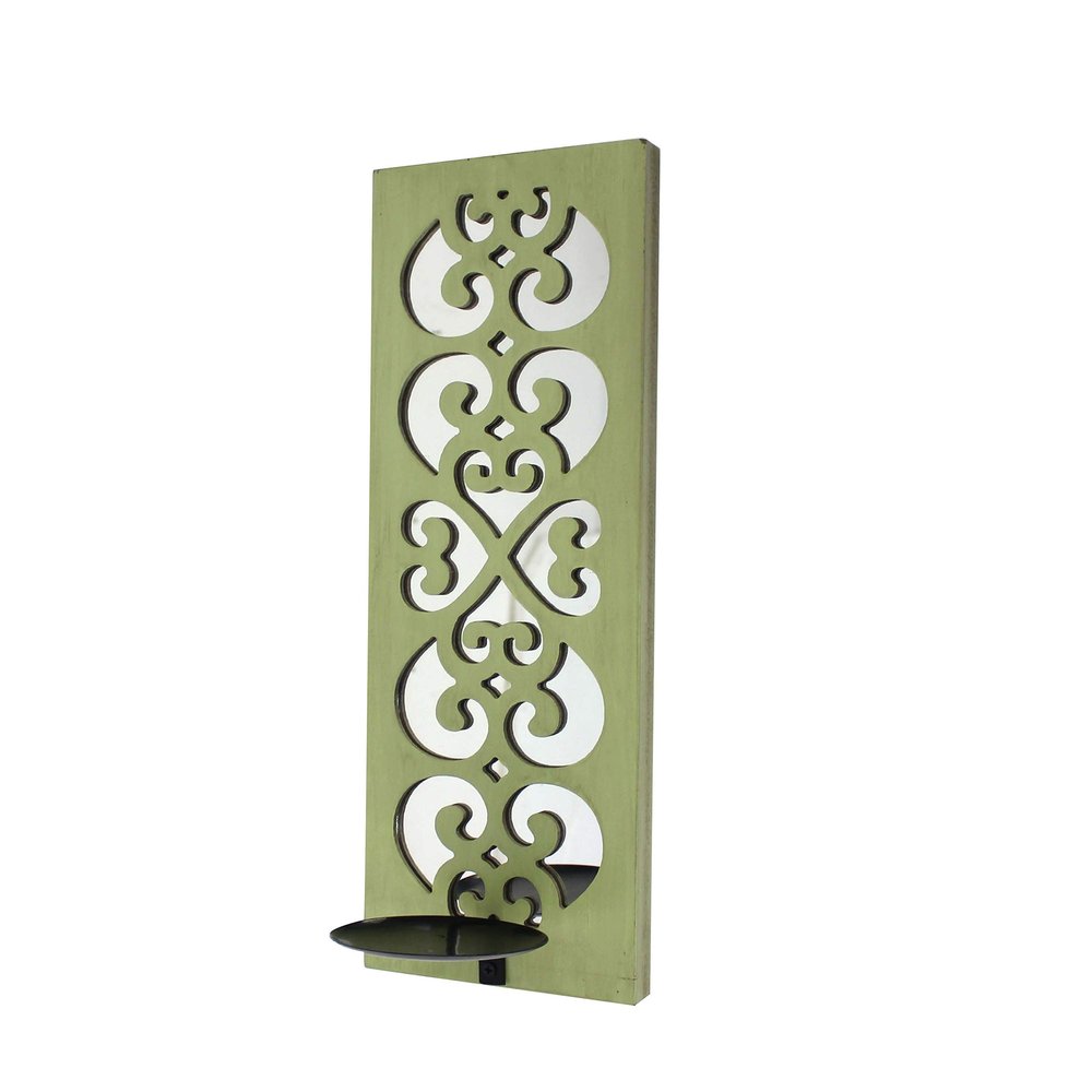 Benjara Traditional Green Lattice Candle Holder with Mirror Backing