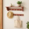 Benjara Wooden Wall Shelf with 4 Hooks and Carved Side Frames, Red view 2