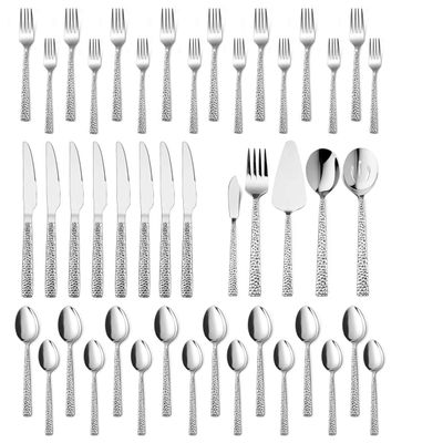 45-Piece Silverware Set with Serving Pieces, E-far Stainless Steel Hammered Flatware Eating Utensils Service for 8, Modern Tableware Cutlery Set with Square Edge, Mirror Polished, Dishwasher Safe