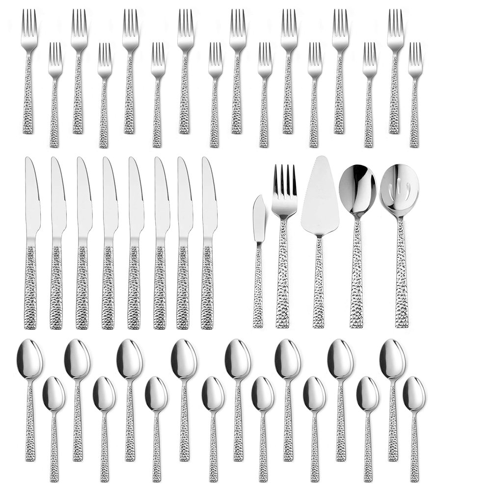 45-Piece Silverware Set with Serving Pieces, E-far Stainless Steel Hammered Flatware Eating Utensils Service for 8, Modern Tableware Cutlery Set with Square Edge, Mirror Polished, Dishwasher Safe