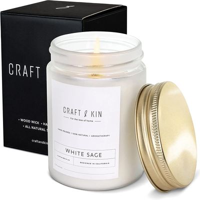 Craft & Kin Premium White Sage Scented Candle Long Lasting, 45 Hour Burn Time Luxury Natural Soy Scented Candle Room Decor and Aromatherapy 8 oz