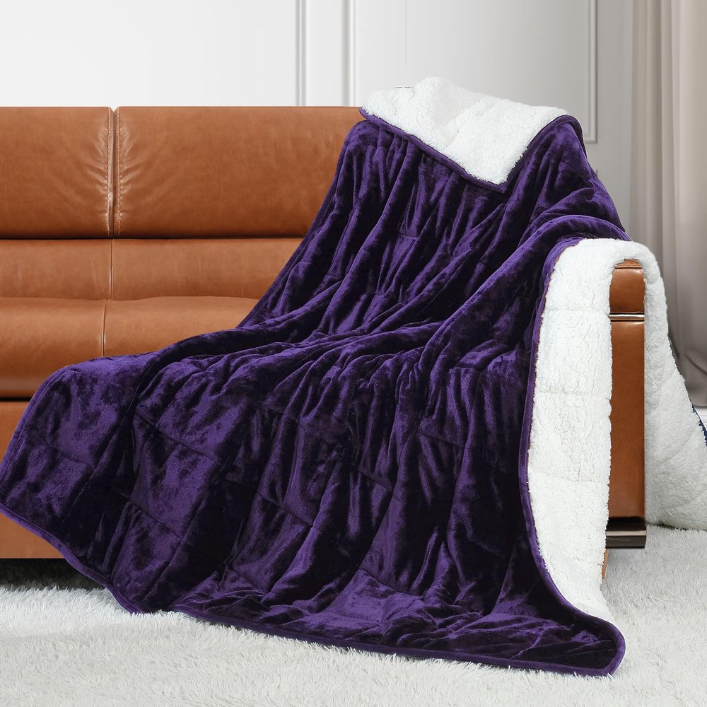 Alomidds Weighted Blanket Twin Size 20lbs 48x72 inches,Sherpa Weighted Blankets for Adults,Fluffy Warm Sherpa & Cozy Soft Flannel Snuggle Thick Heavy Blanket Great for Relaxing,Purple