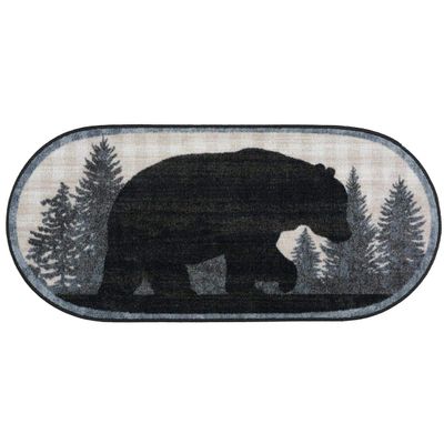BLACK FOREST DECOR Bear Twilight Oval Bath Rug  3'8"x1'8" Nylon Rug with Black Bear & Plaid  Non-Skid Back, Made in USA