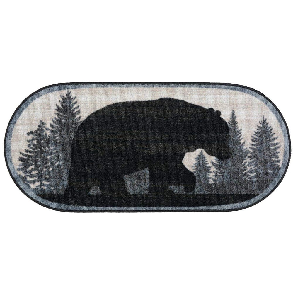 BLACK FOREST DECOR Bear Twilight Oval Bath Rug  3'8"x1'8" Nylon Rug with Black Bear & Plaid  Non-Skid Back, Made in USA
