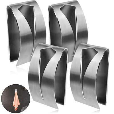 Boao 4 Pcs Self Adhesive Towel Hook Holder Grabber Stainless Steel Kitchen Dish Towel Hook Wall Mount Non Drilling Hangers Rack Hand Tea Holders for Bathroom Accesories Kitchen Gadgets (Silver)