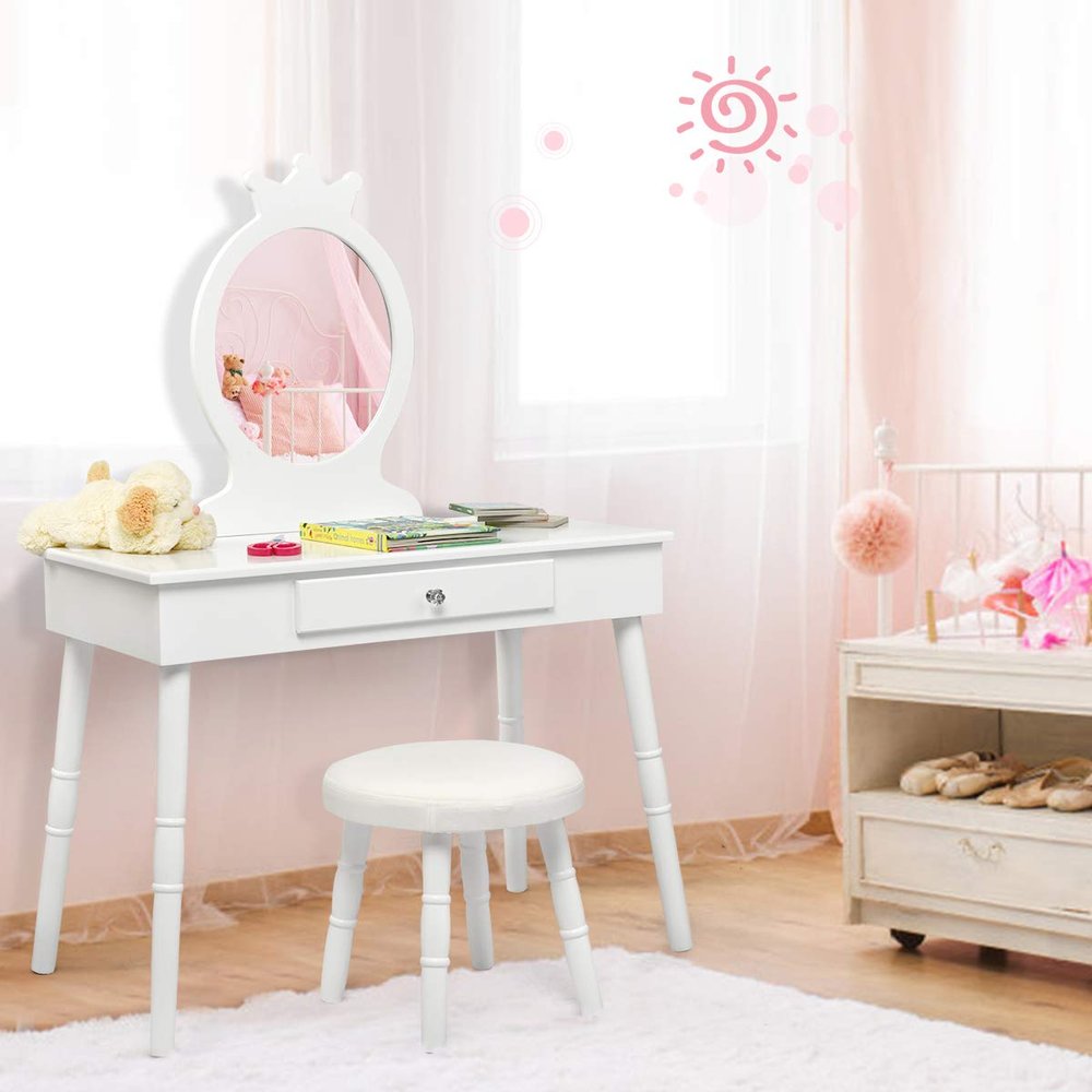 Costzon Kids Vanity, Girls Vanity Set with Mirror and Cushioned Stool, Drawer, 2 in 1 Wooden Toddler Makeup Vanity Desk Dressing Table, Kids Vanity Table and Chair Set (White)
