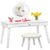 Costzon Kids Vanity, Girls Vanity Set with Mirror and Cushioned Stool, Drawer, 2 in 1 Wooden Toddler Makeup Vanity Desk Dressing Table, Kids Vanity Table and Chair Set (White) view 2