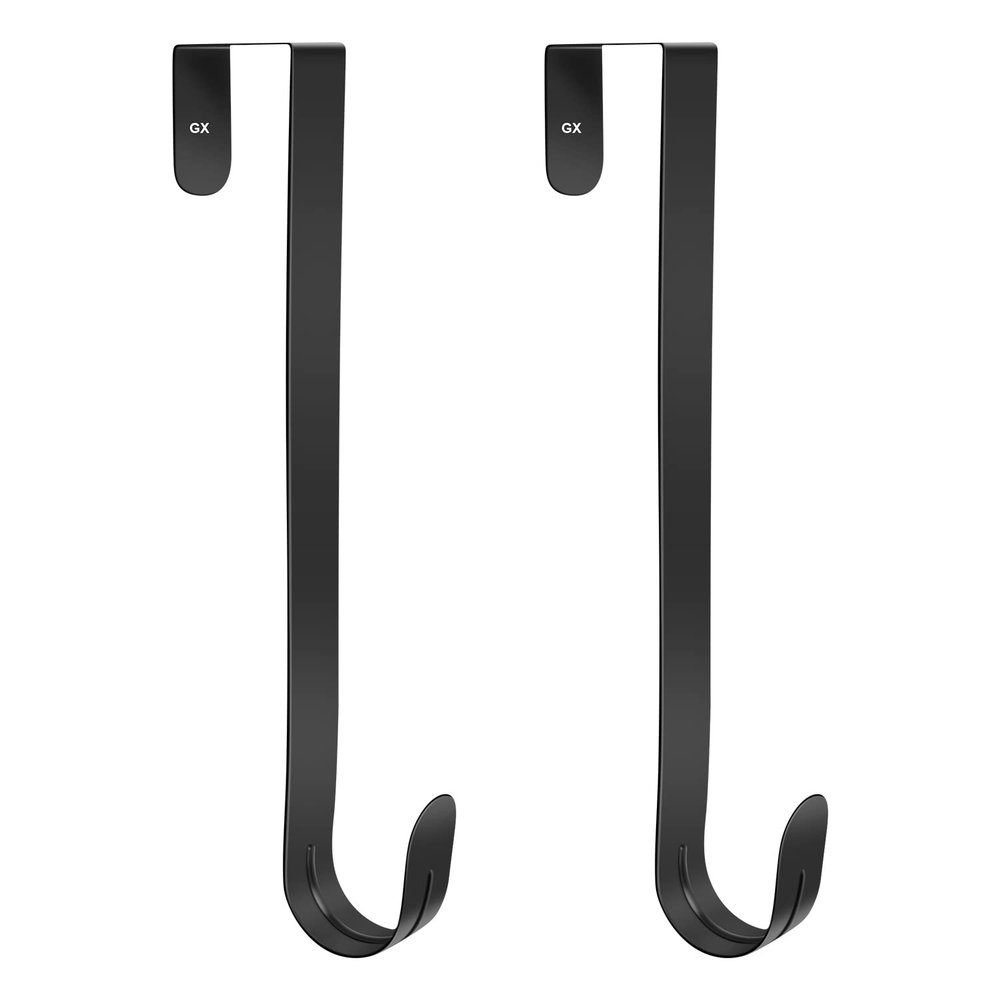GameXcel 2 Pcs 12" Wreath Hanger for Front Door - Large Wreath Metal Hook for Christmas Wreath Over The Door Hanger - 2 Pcs Black