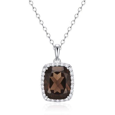 Quartz Gem Pendant in 14 Karat - White Gold - Diamond - Smokey Quartz - Cushion Shape - Gift
