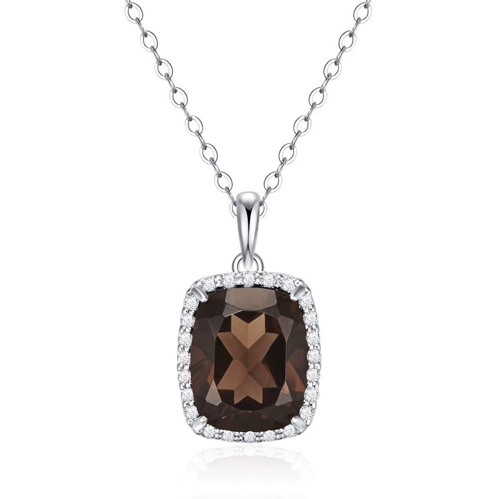 Quartz Gem Pendant in 14 Karat - White Gold - Diamond - Smokey Quartz - Cushion Shape - Gift