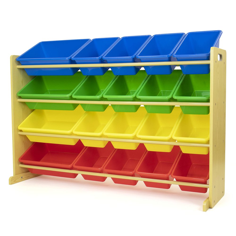 Humble Crew Extra-Large Toy Organizer with 20 Plastic Bins  Primary/Natural Storage Rack with 4-Tier Shelves, Anti-Tip Safety, for Kids Rooms, Playrooms, Nurseries & Classrooms