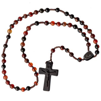 IHM Imports Sine Cera Agate/Jujube Wood 5 Decade Catholic Rosary, Laser Engraved Crucifix/Double-sided Centerpiece, Smooth 6mm Beads