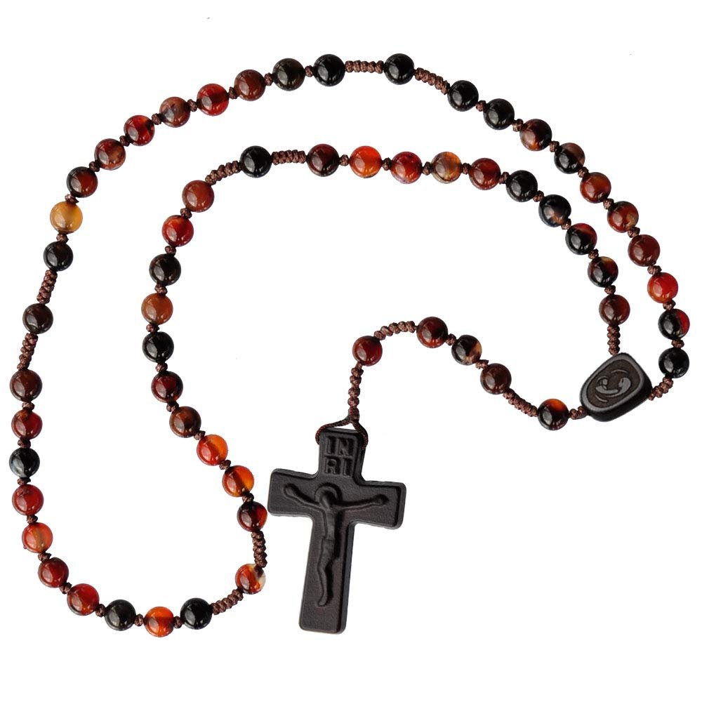 IHM Imports Sine Cera Agate/Jujube Wood 5 Decade Catholic Rosary, Laser Engraved Crucifix/Double-sided Centerpiece, Smooth 6mm Beads