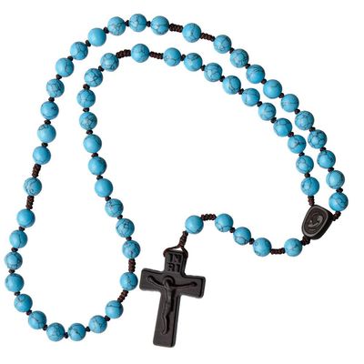 IHM Imports Sine Cera Turquoise/Jujube Wood 5 Decade Catholic Rosary, Laser Engraved Crucifix/Double-sided Centerpiece, Smooth 8mm Beads