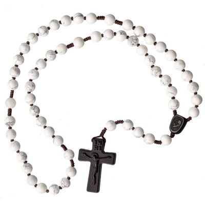 IHM Imports Sine Cera Howlite/Jujube Wood 5 Decade Catholic Rosary, Laser Engraved Crucifix/Double-sided Centerpiece, Smooth 8mm Beads