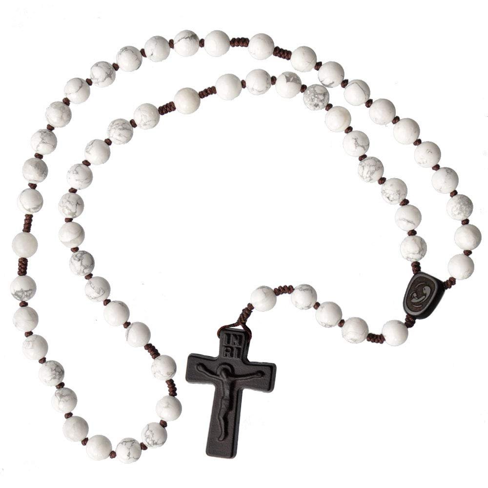 IHM Imports Sine Cera Howlite/Jujube Wood 5 Decade Catholic Rosary, Laser Engraved Crucifix/Double-sided Centerpiece, Smooth 8mm Beads