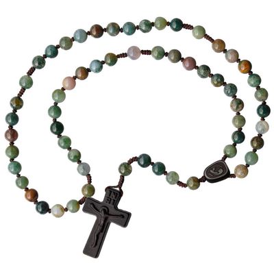 IHM Imports Sine Cera Multicolor Onyx/Jujube Wood 5 Decade Catholic Rosary, Laser Engraved Crucifix/Double-sided Centerpiece, Smooth 8mm Beads