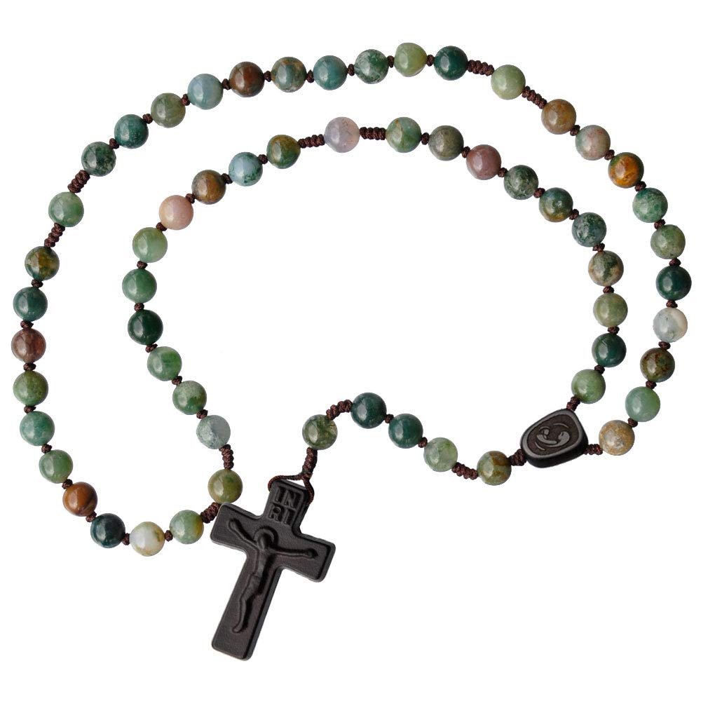 IHM Imports Sine Cera Multicolor Onyx/Jujube Wood 5 Decade Catholic Rosary, Laser Engraved Crucifix/Double-sided Centerpiece, Smooth 8mm Beads