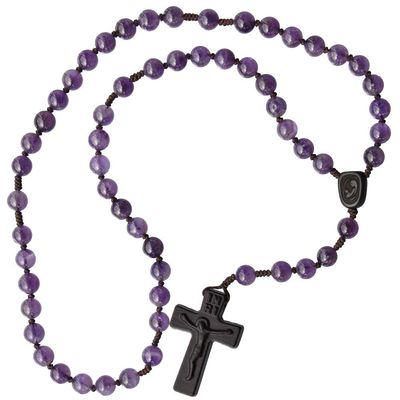 IHM Imports Sine Cera Amethyst/Jujube Wood 5 Decade Catholic Rosary, Laser Engraved Crucifix/Double-sided Centerpiece, Smooth 8mm Beads