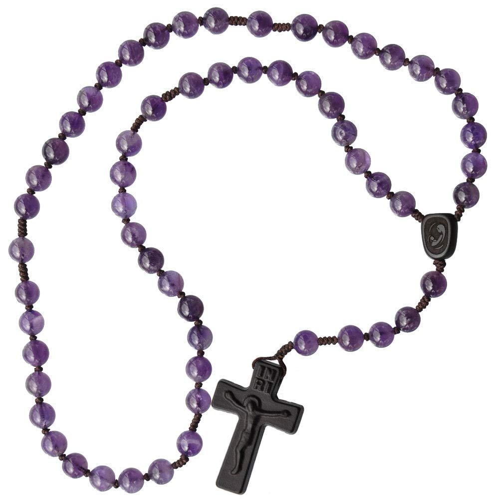 IHM Imports Sine Cera Amethyst/Jujube Wood 5 Decade Catholic Rosary, Laser Engraved Crucifix/Double-sided Centerpiece, Smooth 8mm Beads